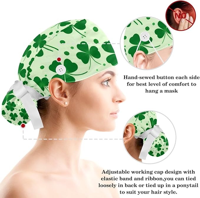 Scrub Caps Women Ponytail Cute Pink and White Leaves Caps Bouffant Working Hat Elastic Tie Back Hats with Button