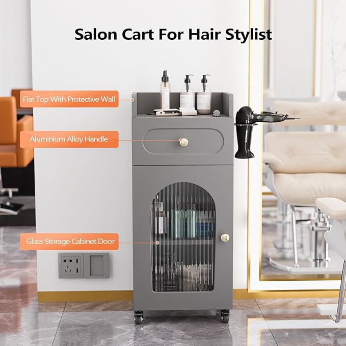 OmySalon Salon Cart with Wheels, 3-Tier Rolling Beauty Cart with Glass Door & Dryer Holder, Mobile Hair Styling Station for Barber, Spa, Esthetician, Nail & Tattoo Artists, Lockable Storage, Grey