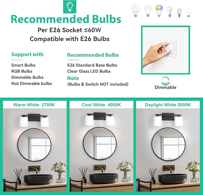 Honesorn Modern Vanity Lights - 2 Light Black Bathroom Light Fixtures with Frosted Shade, E26 Wall Mounted, Anti-Rust