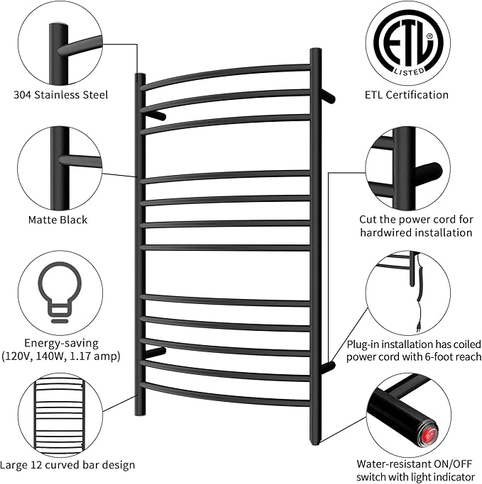 HEATGENE Towel Warmer Wall Mount Electric Plug-in/Hardwired Heated Towel Rack, 4-Supports Matte Black