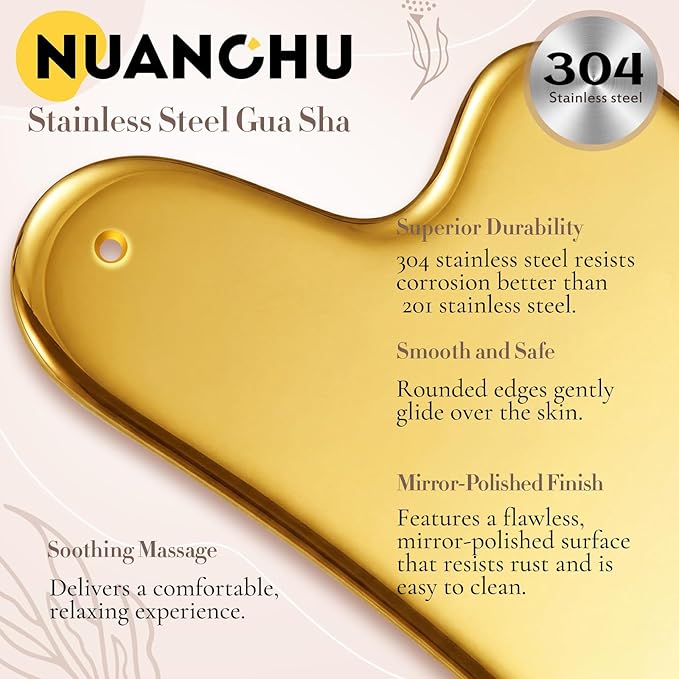 Nuanchu Stainless Steel Gua Sha Facial Tool, Metal Gua Sha for Lymphatic Drainage, Guasha Face Sculpting Double Chin Reduce with Pouch Mother Day Self Care Gift(Gold)