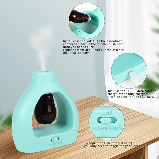 HAPPTWS Waterless Essentil Oil Diffuser Set - Cordless Diffuser 3 Timer Settings Battery Operated for Bedroom Yoga Studio Bathroom Pet Room-Blue