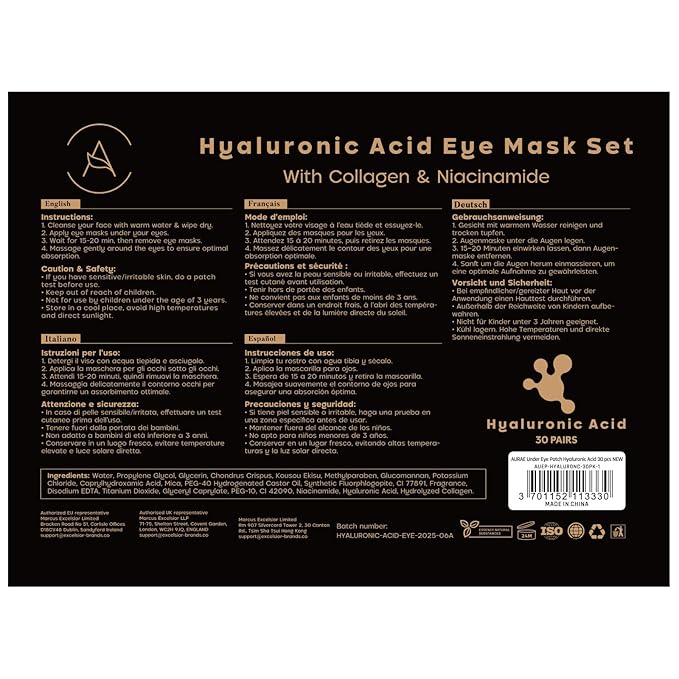 AURAE Hyaluronic Acid Under Eye Patches (30 Pairs) - For Dark Circles & Puffiness - Hydrating Eye Mask for Care