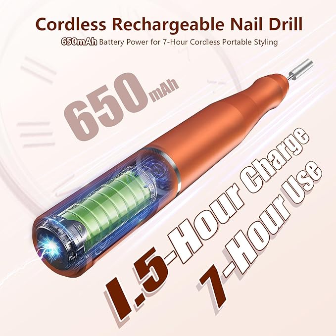 TUOBEO Cordless Nail Drill Electric Rechargeable File Kit, Professional Efile Acrylic Gel Nail Polish Remover Pedicure Manicure Machine Portable Set with 11 Bits 56 Sanding Bands for Salon Orange
