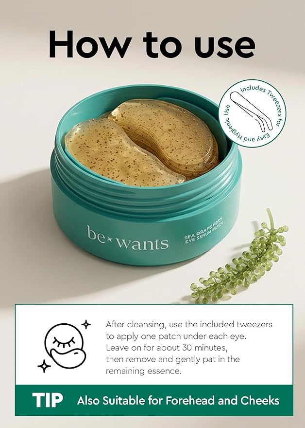 bewants Sea Grape Vegan PDRN Eye Patches for Sensitive Skin | Formulated with Collagen, Green Tea, Ceramides and Pathenol | Hydrating & Firming Under Eye Mask | Mothers Day Gift