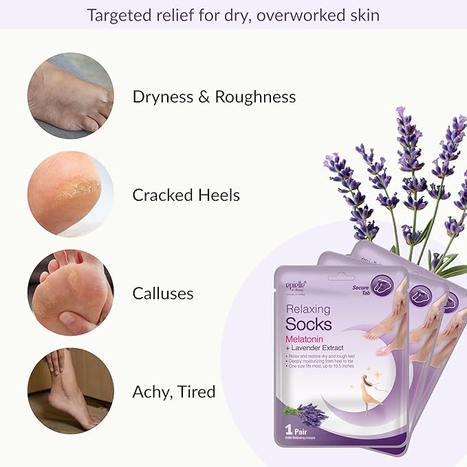 Epielle Relaxing Foot Mask 6 Pairs, Soften and Restore with Melatonin & Lavender Extract, Deep Moisturizing Socks for Dry, Cracked Feet, Self Care Gifts for Women, Spa Kit, Mothers Day Gifts