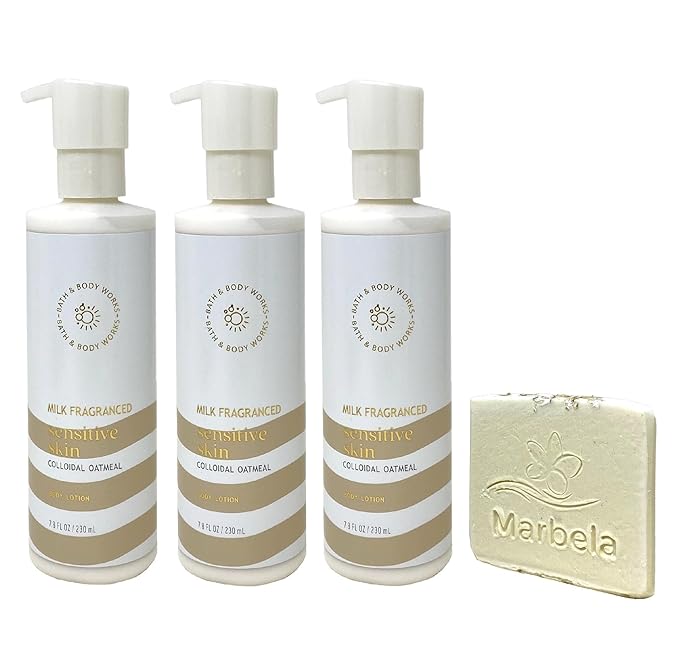 Bath & Body Works Sensitive Skin Milk Fragranced 3 Pack Body Lotion Bundle with a Natural Oats Sample Soap