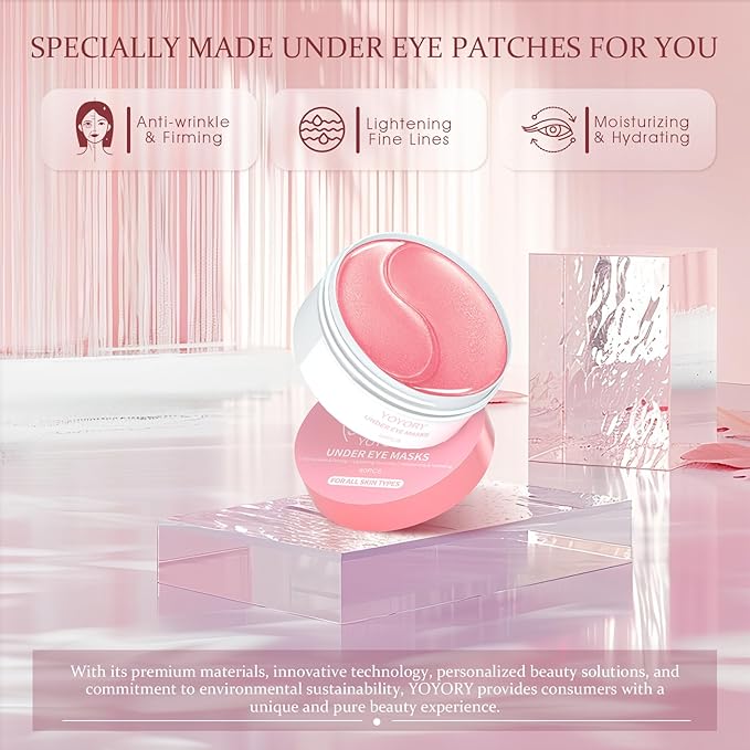 Under Eye Patches Masks - Eye Patch for for Dark Circles and Fine Lines,Puffy Eyes, Wrinkles, Eye Bags Treatment with Collagen and Hyaluronic Acid, Moisturizing and Hydrating Pink(60 Pcs)