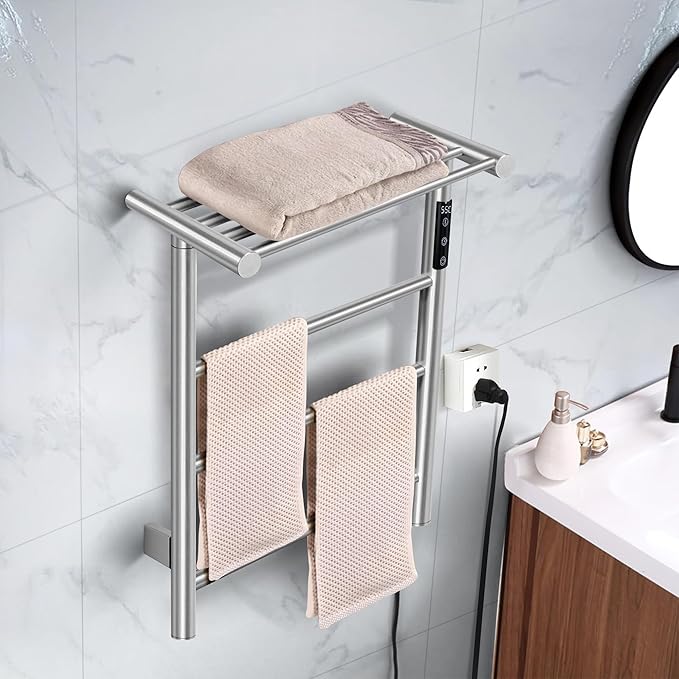 Towel Warmer Wall Mounted with 3 Electric Stainless Steel Heated Bars, Hot Towel Rack for Bathroom, Plug-in BathTowel Heater with Built-in Timer, Brushed Nickel