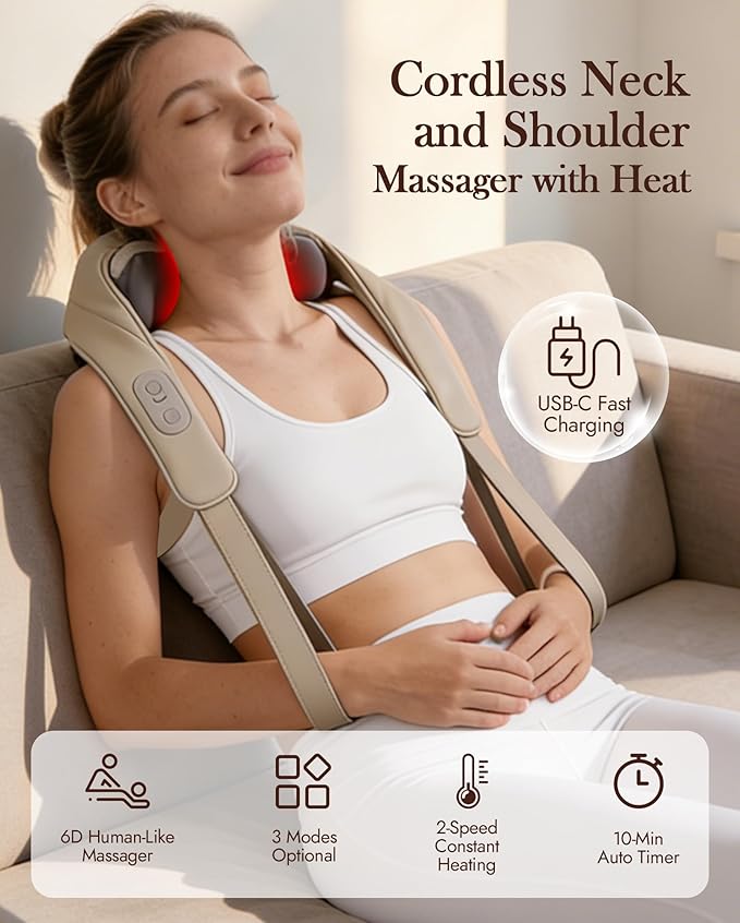 Neck Massager with Heat Cordless: Shiatsu Back Shoulder Massage Tools for Pain Relief Deep Tissue Electric 4D Kneading for Muscle Remedy Lymphatic Drainage Gifts for Men Women Mom Dad (Brown)