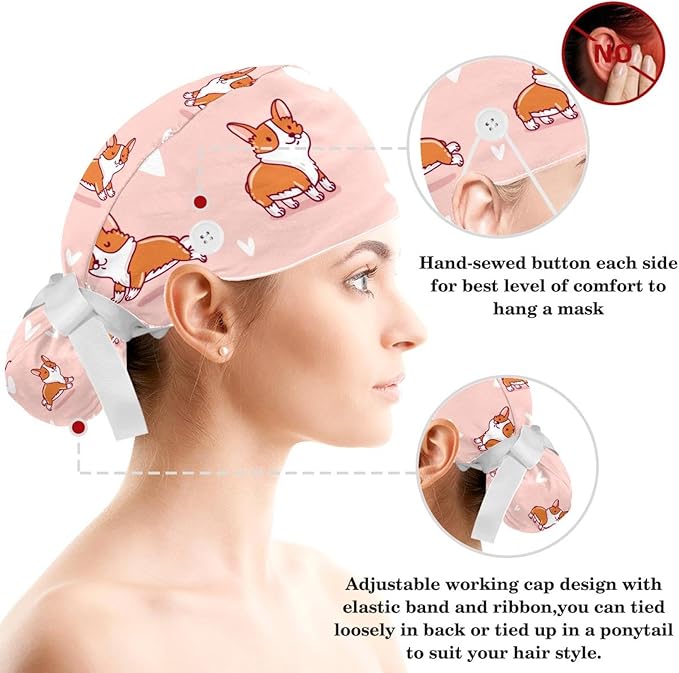 Adjustable Brown Dachshund Dog Blue Surgical Scrub Cap with Button,Sweatband for Women with Bow Hair Scrunchy