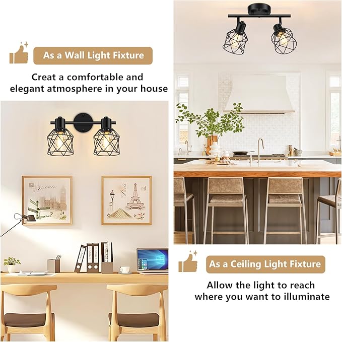 Baocuz 2-Lights Kitchen Light Fixtures Ceiling Mount, Adjustable Semi Flush Mount Ceiling Light with Metal Wire Cage, Vintage Track Spotlight Ceiling Fixtures for Dining Room, Farmhouse, Entryway