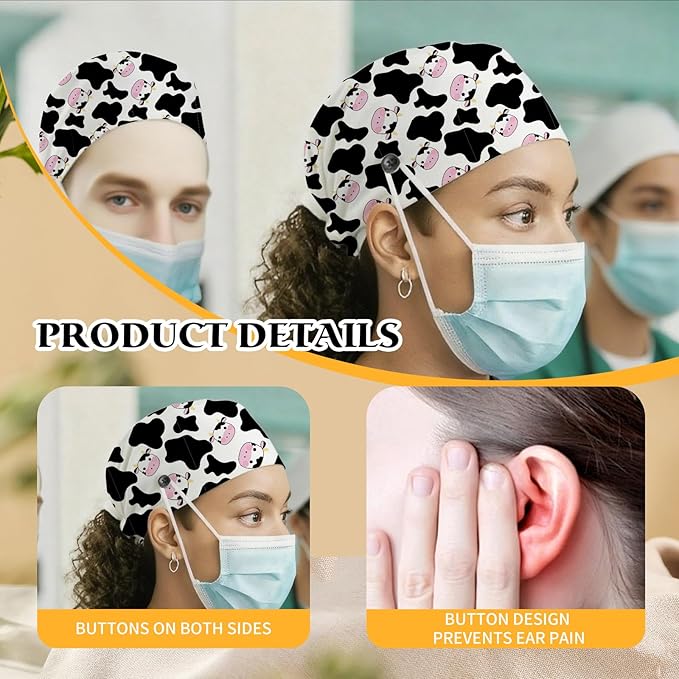 Adjustable Scrub Cap with Buttons & Sweatband, Working Hat with Elastic Tie Back, Unisex Nurse Surgical Caps for Women & Men