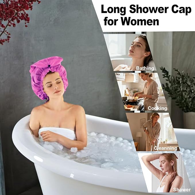 ELEBOX 4 Pack Extra Large Shower Cap for Braids/Curly Hair/Dreadlock | XL Bathing Cap with Adjustable Drawstring & Button | Reusable Waterproof Long Bonnets for Women Shower/Cooking/Cleaning/Spa