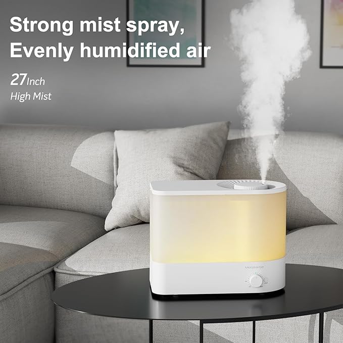 Megawise Cool Mist Ultrasonic Humidifier, Adjustable Mist Control, Quiet Operation, With a 6L top-fill tank and 50-hour runtime(White)