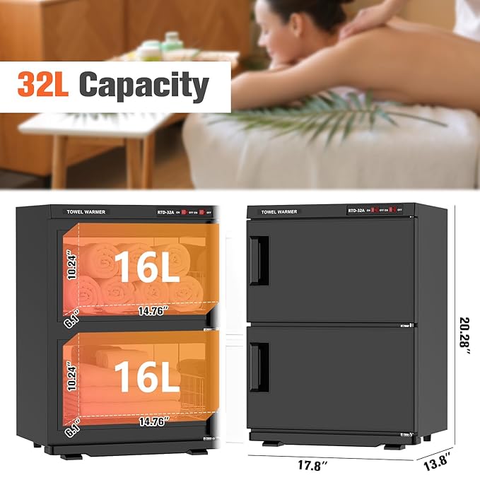 Kikihouse Hot Towel Warmer, 32L Large Capacity Hot Towel Cabinet, Facial Towel Warmers with Clip & Stainless Steel Rack & Water Drip Tray, Fits 80 Towels, for Spa, Salon, Esthetician
