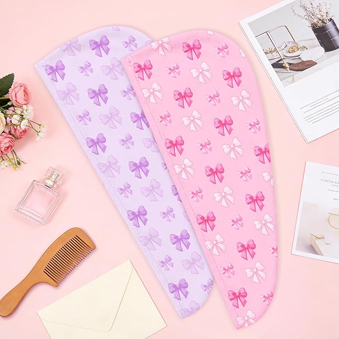 Microfiber Hair Towel Wrap for Kids 2 Pack Quick Drying Hair Towels with Button Hair Turbans for Wet Hair Absorbent Quick Dry Wraps Head Towel Wrap for Women and Girls, Pink Purple Bow