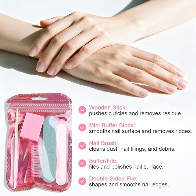 5-Piece Disposable Manicure Kit, Bulk Mini Nail Care Set with Nail Files, Buffer, Cuticle Pusher & Cleaning Brush, Pedicure Salon Supplies, Party Favors, Limas Desechables para Uñas