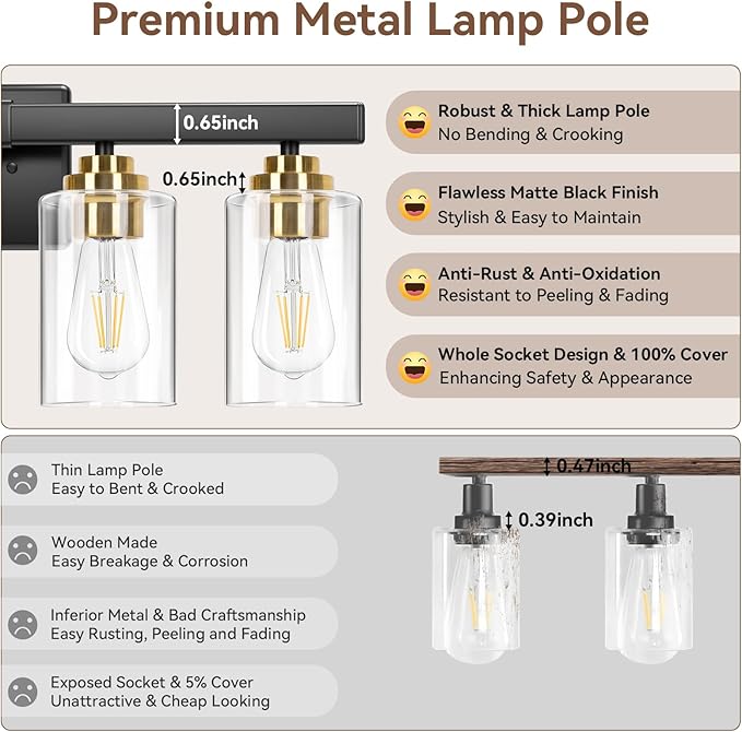 4-Light Bathroom Light Fixtures, 27" Modern Vanity Lights Over Mirror with Clear Glass Shades, Black & Gold Wall Sconce, Classic Wall Light Fixture for Mirror Living Room Cabinet Bedroom Porch Kitchen
