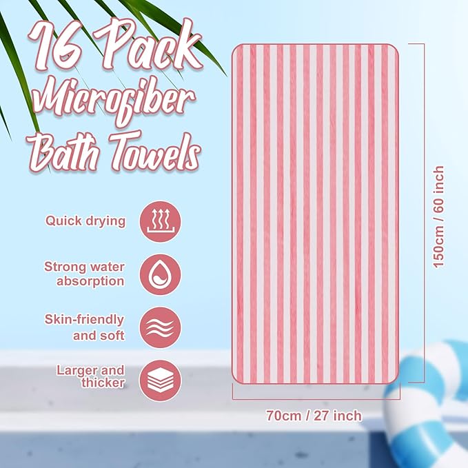SmoothNovelty 16 Pack Microfiber Bath Towels Bulk 27'' x 60'' Oversized Size Bath Towel Highly Absorbent Extra Large Soft Drying for Beach Shower Summer Salon Sport Gym Party (Stripes,Pink)