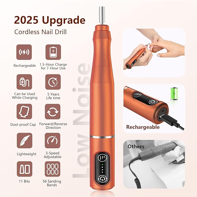 TUOBEO Cordless Nail Drill Electric Rechargeable File Kit, Professional Efile Acrylic Gel Nail Polish Remover Pedicure Manicure Machine Portable Set with 11 Bits 56 Sanding Bands for Salon Orange