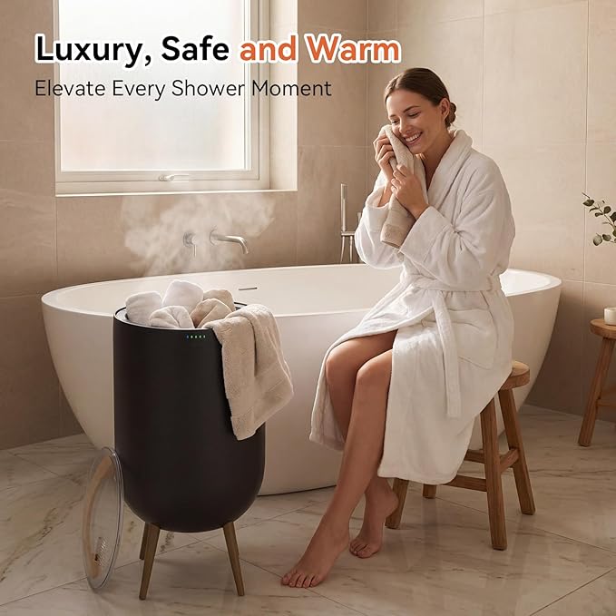 warmcozy Towel Warmer Black Bath Towel Warmers for Bathroom – Adjustable Timer, Ambient Light, Relaxation Mode, Auto Shut Off & Safety Lock – Fits Two 40"x70" Towels, Bathrobes, Blankets