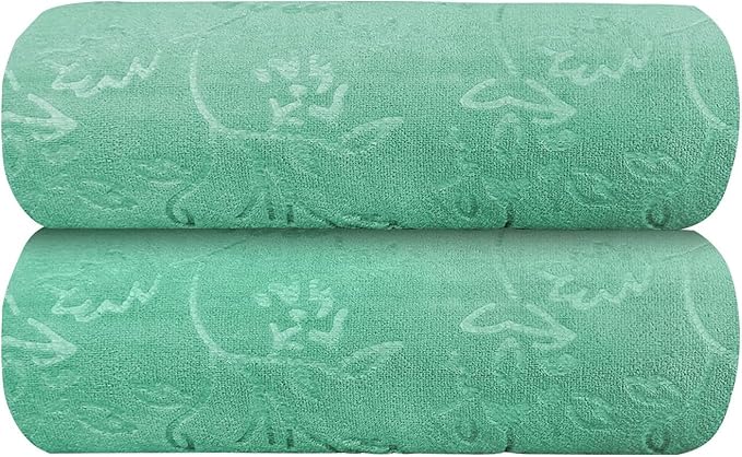 JML Large Bath Towels Set, 2 Pack, 30" x 60", Microfiber Body Towels for Adult, Oversized, Soft, Absorbent, Fast Drying for Shower Sauna Yoga Swimming Sport Fitness Gym Pool (Green-Floral Embossed)