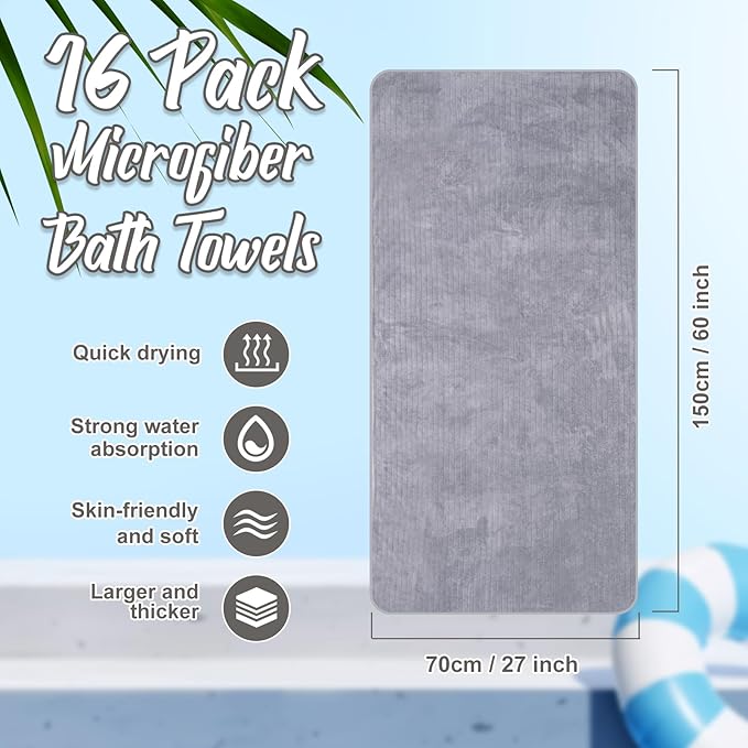 SmoothNovelty 16 Pack Microfiber Bath Towels Bulk 27'' x 60'' Oversized Size Bath Towel Highly Absorbent Extra Large Soft Drying for Beach Shower Summer Salon Sport Gym Party (Stripe,Grey)
