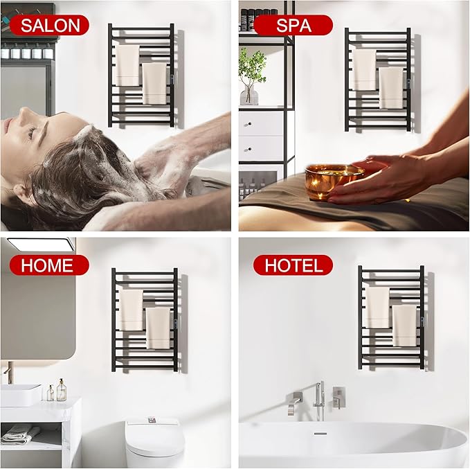 Heated Towel Racks for Bathroom, Wall Mounted Electric Towel Warmer Racks with Timer & Temperature Control, 10 Bar Stainless Steel Towel Heater for Bathroom, Matte Black, Plug-in