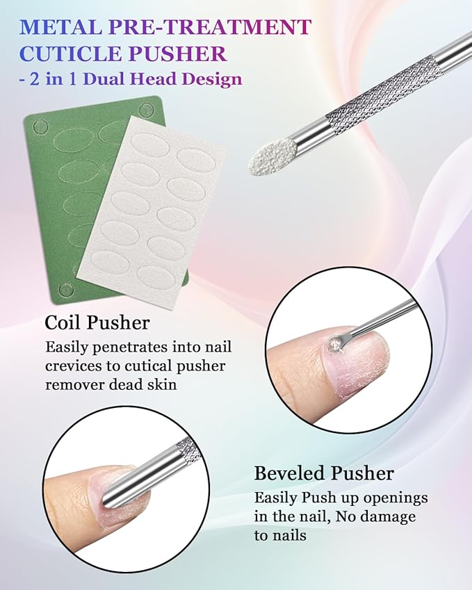 Loop Cuticle Pusher, Pre-treatment Cuticle Pusher, Stainless Steel Round Cuticle Pusher with 100#/240# Grit Nail Files and 1p Storage Bags, For Salon & Home Use