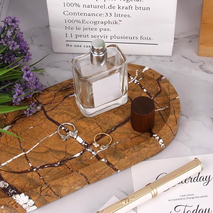 Natural Marble Tray Oval, Bathroom Vanity Tray for Countertop, Elegant Stone Decorative Organizer for Perfume, Jewelry, Home Decor (1, Rainforest Brown, 10 x 5 x 0.6)