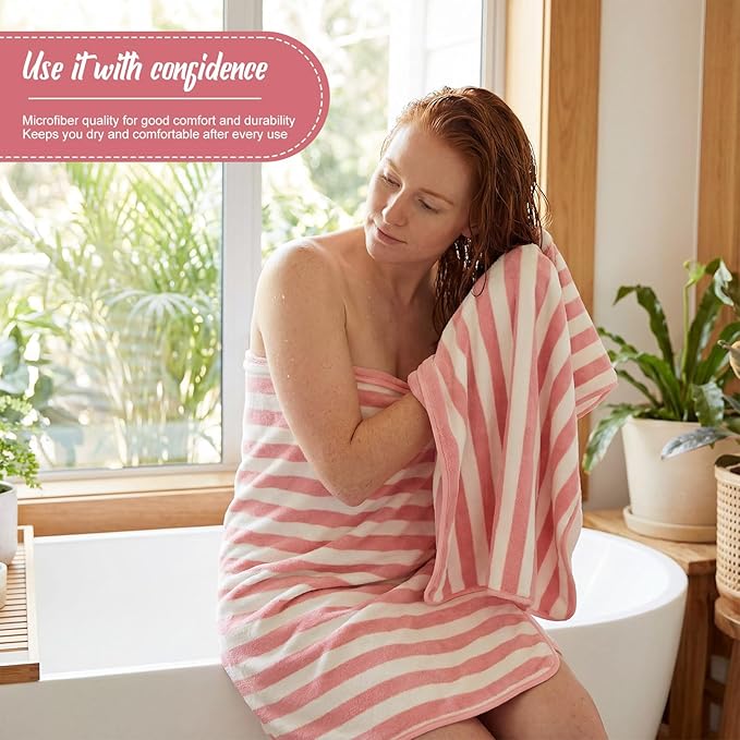 SmoothNovelty 16 Pack Microfiber Bath Towels Bulk 27'' x 60'' Oversized Size Bath Towel Highly Absorbent Extra Large Soft Drying for Beach Shower Summer Salon Sport Gym Party (Stripes,Pink)