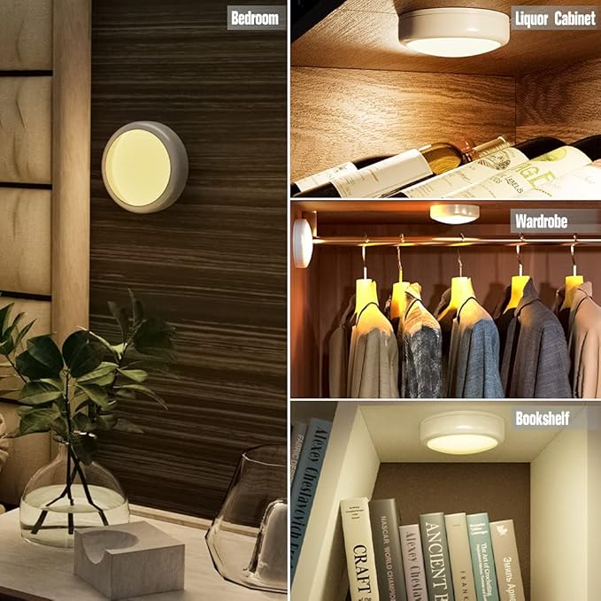 HELPLEX LED Puck Lights with Remote, 3 Pack Color Changing RGBW Stick-On Light, Battery Powered, Dimmable Under Cabinet Lighting with Timer & Memory, Wireless Push Lights for Kitchen & Closet