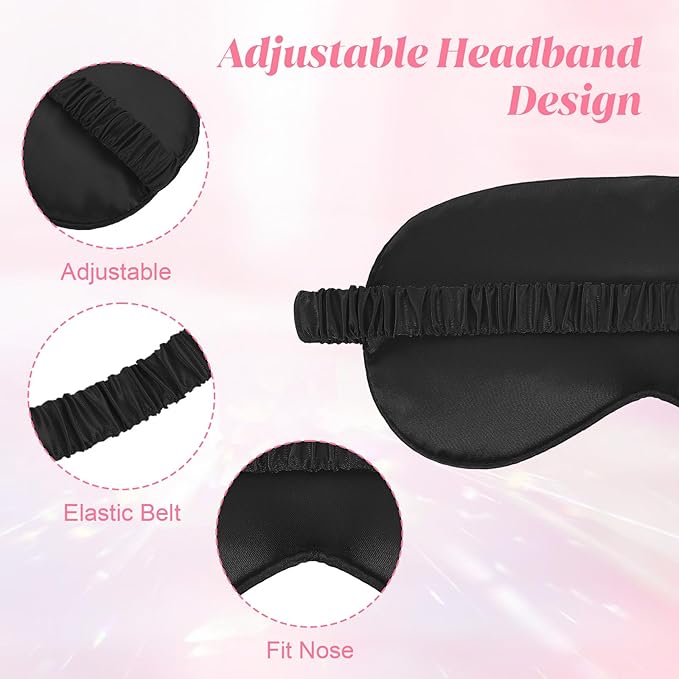 Silk Sleep Eye Mask 4 Pack Mulberry Silk Sleep Mask Eye Cover Blindfold with Elastic Strap Cute Satin Soft Eyeshade Masks for Women Night Sleeping Travel Nap (Black)