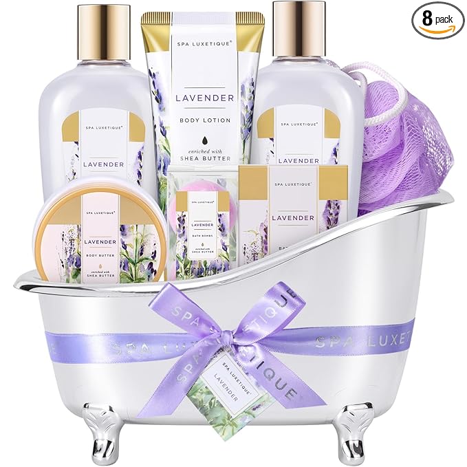 spa luxetique Spa Gifts for Women, Gift Basket, 8 Pcs Lavender Bath Sets with Bubble Bath, Lotion Sets, Birthday Anniversary Gifts for Her, Self Care Kit, Mothers Day Gift for Mom