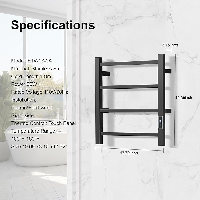 HARNDY Electric Towel Rack with Voice Control for Alexa & Google Home,TUYA - Wall-Mounted Bathroom Heating Towel Warmer,Plug-in,Stainless Steel Material (Square Black with Timer, 4 Bar)