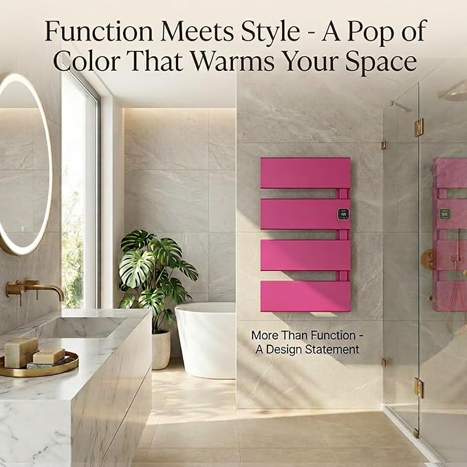 Electric Towel Warmer, Heated Towel Rack with Thermo Control and Timer, Fast Heating Towel Rail for Bathroom with Memroy Function, Work with Smart Plug, Right-Wiring, 5 Panel, Pink