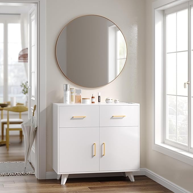 OmySalon Wall Mount Salon Station, Barber & Hair Stylist Station with Round Mirror, Hair Dryer Holders, Storage Cabinet & Adjustable Shelf, Beauty Spa Dresser, White