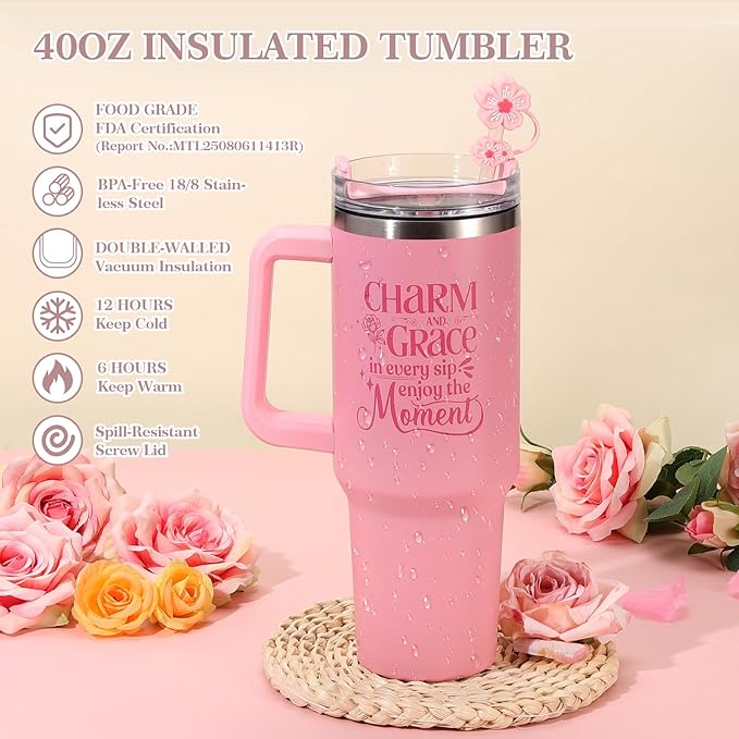 Mothers Day Gifts for Mom Wife Sister Friend - Gift Set for Women Self Care, Pink Birthday Gift Baskets for Women, Relaxation Gifts Spa Gift Basket Self Care Package for Her w/ 40oz Insulated Tumbler