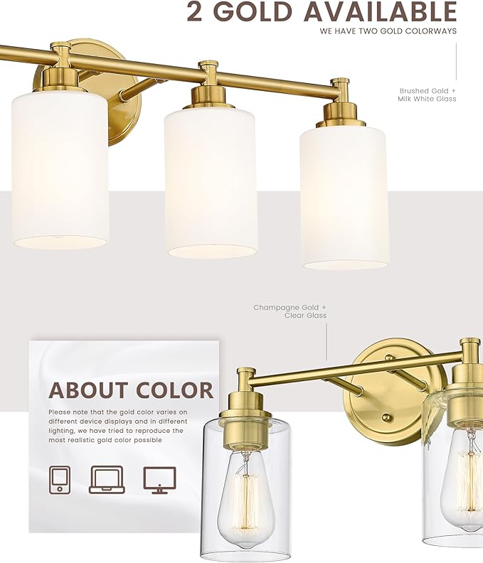 FEMILA Champagne Gold Bathroom Vanity Light, 2-Light Vanity Lighting fixtures, Modern Wall Sconce Bathroom Lighting with Claer Glass Shade, 4FYC56B-2W BG