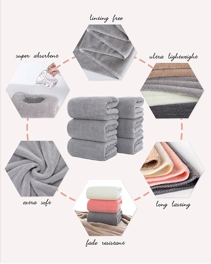 Lumimi Towels 6 Piece Soft Microfiber Bath Towel Set Salon Gym Yoga Travel Incredibly Absorbent Lightweight Quick Dry and Durable, 55" L x 27" W, Family 6 Pack Light Grey