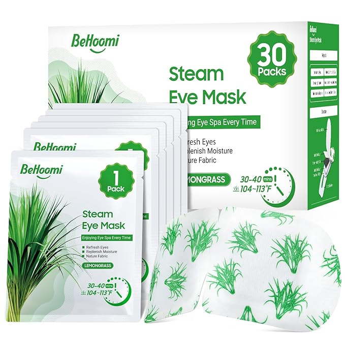 BeHoomi 30Packs Steam Eye Mask, Heated Eye Mask Warm Compress for Eyes, Self Heating Disposable Steam Mask for Home Sleep, Spa, Travel Essentials & Relaxation Gifts, Mothers Day Gifts (Lemongrass)