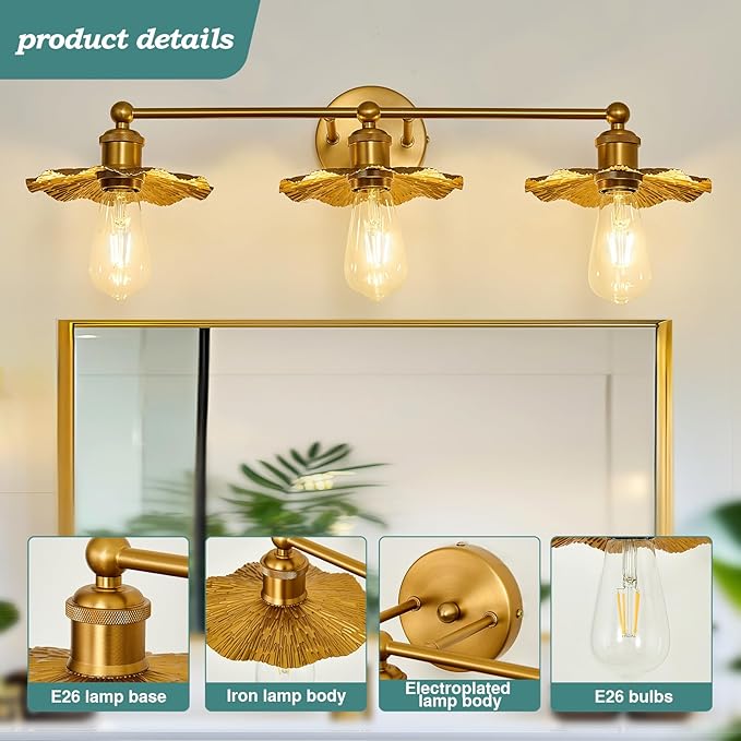 ZGLAOJT 3 Light Vintage Vanity Light Gold Bathroom Light Fixtures Over Mirror.