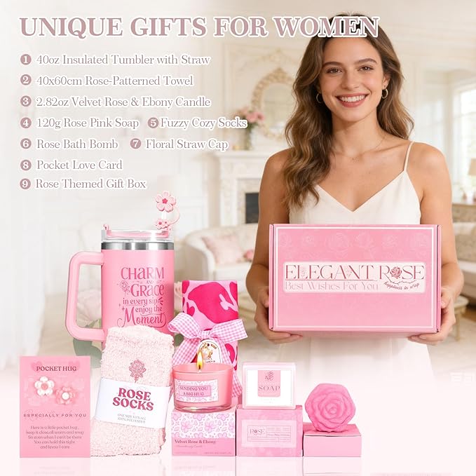 Mothers Day Gifts for Mom Wife Sister Friend - Gift Set for Women Self Care, Pink Birthday Gift Baskets for Women, Relaxation Gifts Spa Gift Basket Self Care Package for Her w/ 40oz Insulated Tumbler