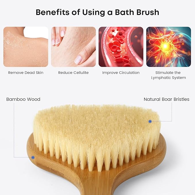 eaxun Bamboo Back Scrubber with Curved Long Handle, 17.3 Inches Exfoliating Shower Brush with Stiff Bristles for Men and Women, Back Washer Body Exfoliator for Bath or Dry Brushing