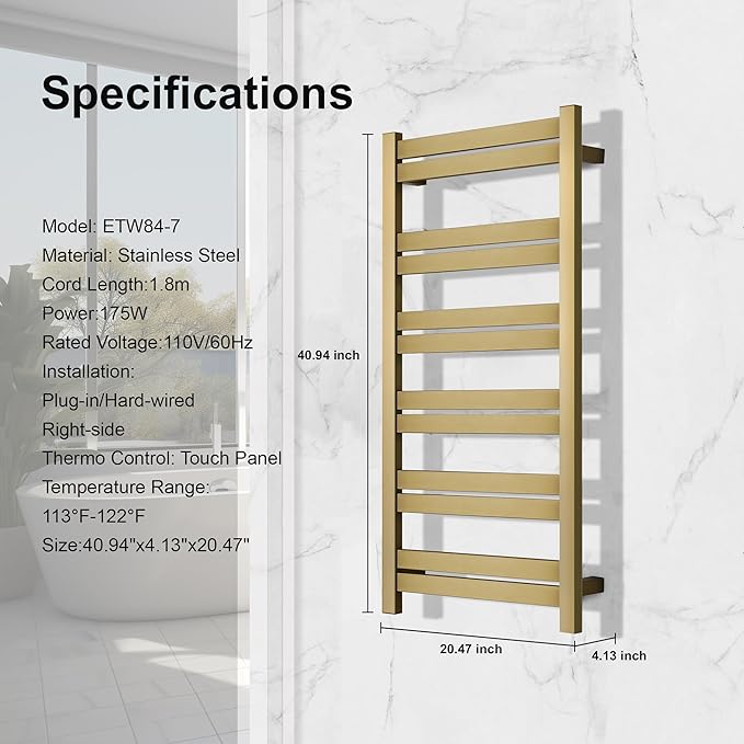 Electric Towel Warmer - Wall Mounted Bathroom Heated Towel Rack, Plug-in Design & Brushed Stainless Steel Finish Gold