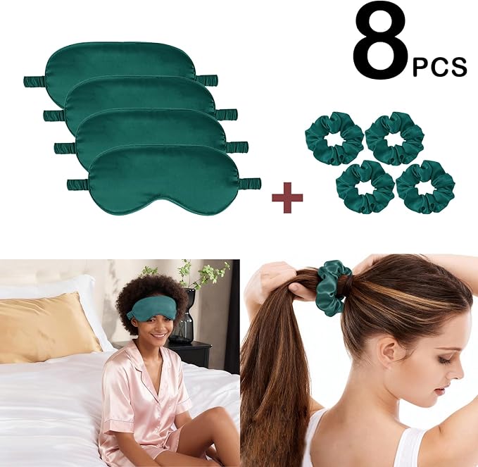 Satin Eye Mask 8Pcs Silk Sleep Masks Silky Blindfold Eyeshade Blackout Eyes Cover Scrunchies Hair Ties Travel Wedding Gifts