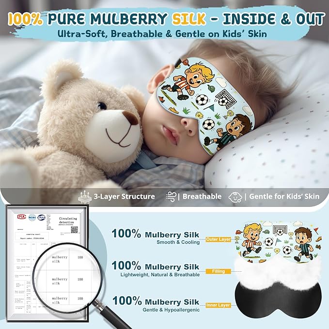 Kids Sleep Mask – 100% Mulberry Silk Eye Mask with Adjustable Strap, Soft Light Blocking Sleeping Mask for Children, Cute Printed Eye Cover for Boys Girls Ages 5-15 (Soccer Style)