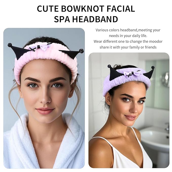 Spa Headband for Washing Face, 2 Pack Cute Hair Band for Shower Yoga Beauty, Fluffy Makeup Headband, Kawaii Facial Headbands for Woman Girls,Purple+Pink Ear