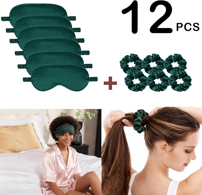 12Pcs Silk Sleep Masks Satin Eye Mask Silky Eyes Cover Blindfold Eyeshade Hair Ties Scrunchy Travel Bridesmaids Gifts